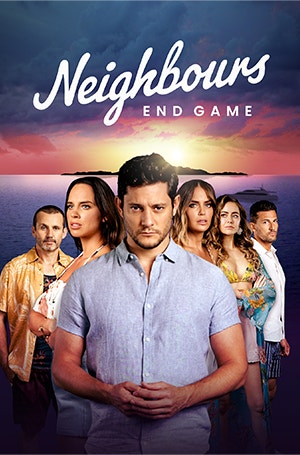 A film-style poster for Neighbours: End Game. Characters are posed in the foreground with a photo of an island in the background. From L-R we see Toadie, Bee, Finn, Elly, Chloe and Pierce.