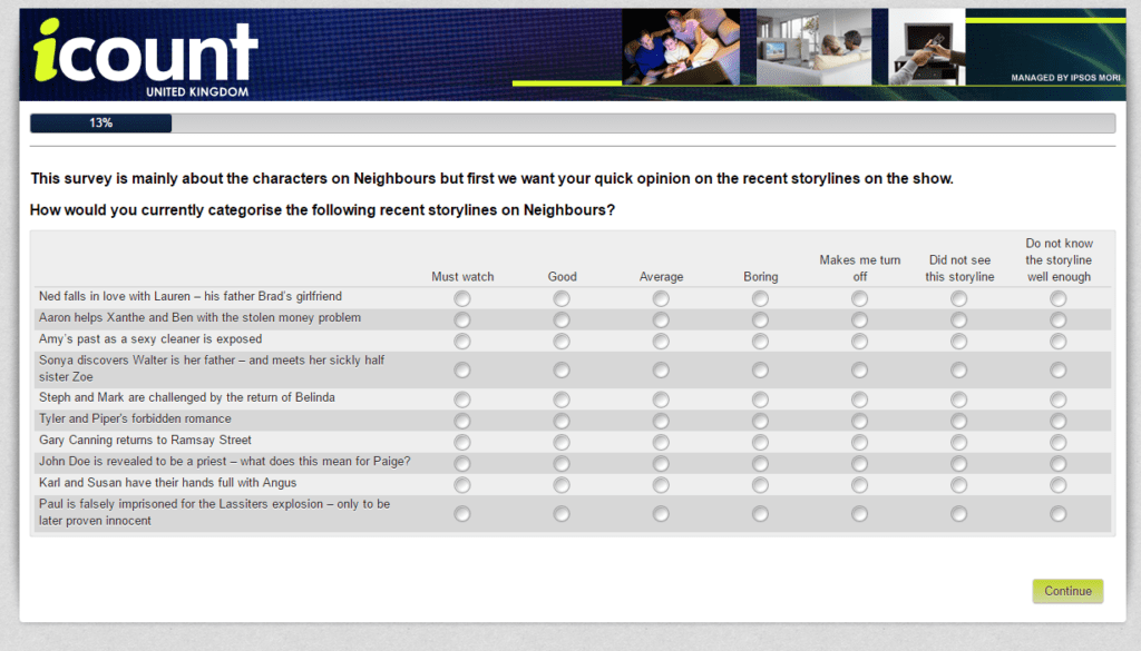 A screenshot of the iCount website survey. It asks for an opinion on the recent storylines on the show, with boxes for Must Watch, Good, Average, Boring, Makes Me Turn Off, Did Not See This Storyline and Do Not Know This Storyline Well Enough.