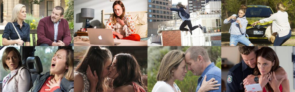 Collage of 8 photographs. From L-R, T-B: Andrea and Toadie talk, Sonya watches Toadie on Skype in horror, Piper jumps across buildings, Finn runs over Xanthe, Alice poisons Sonya, Chloe and Elly kiss, Sonya and Toadie embrace before she dies, Elly embarks on a dangerous lie.
