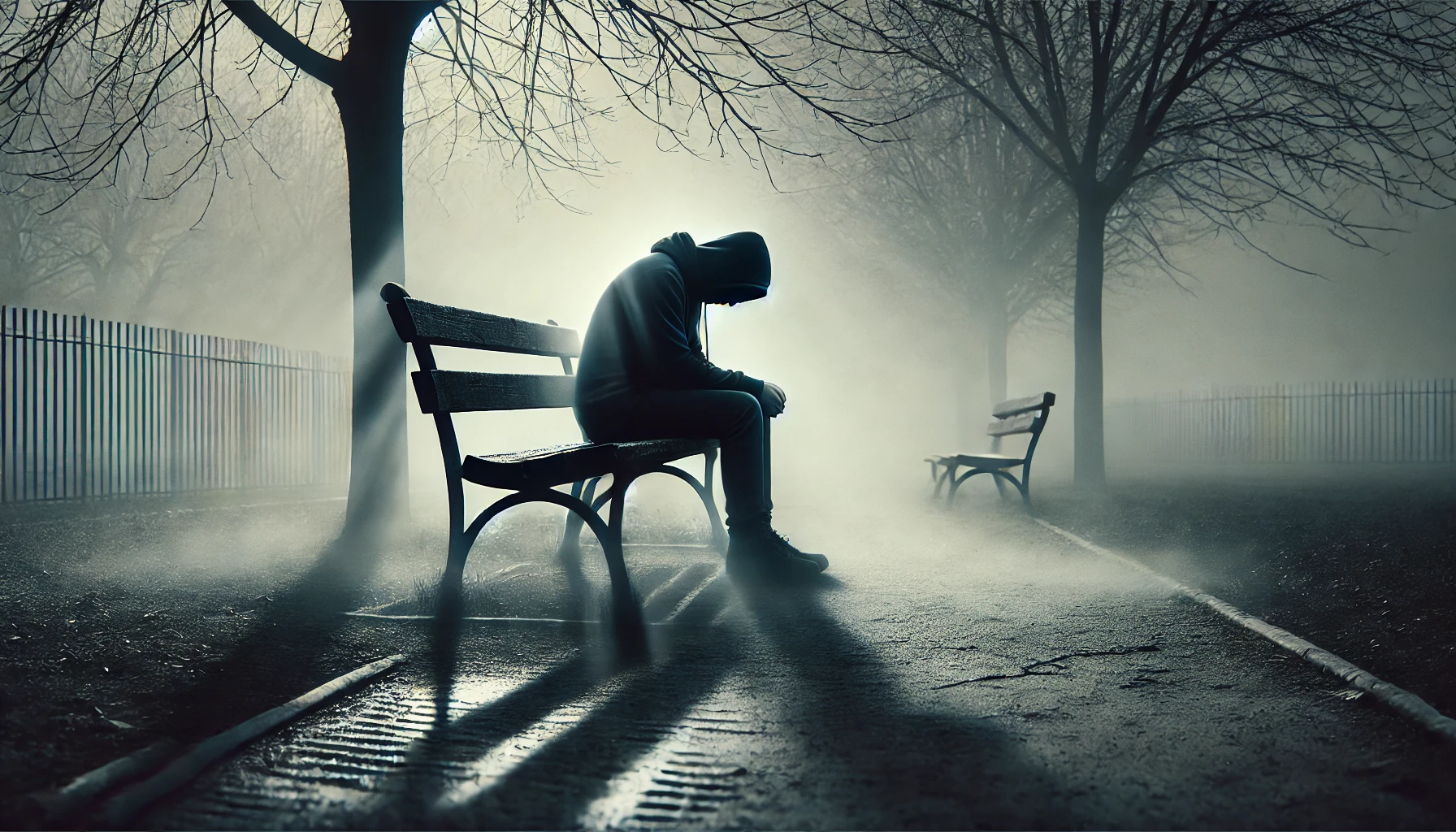 A person sits alone on a worn out bench in a foggy empty park their posture slumped