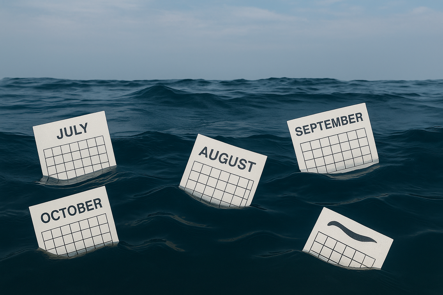 Calendar pages float in the sea.